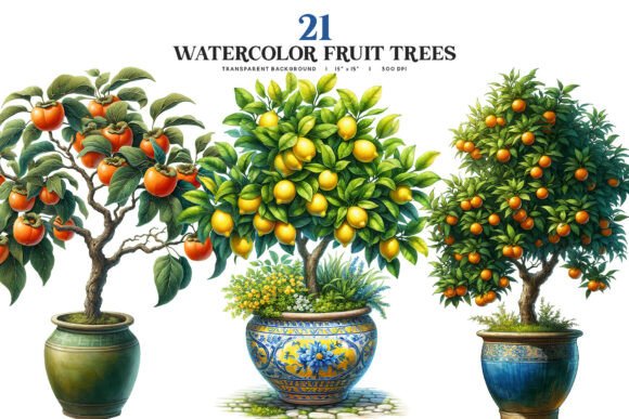 Download Watercolor Potted Fruit Trees Clipart - Potted Collection